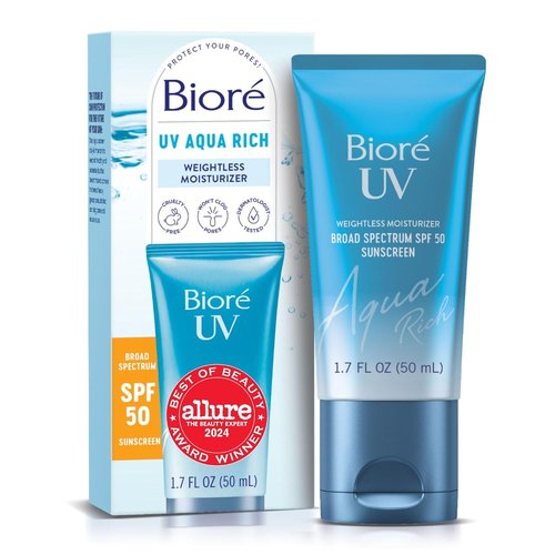 Biore UV Aqua Rich Daily Hydrating Facial Moisturizer - SPF 50 Oil-Free Sunscreen & Makeup Primer with Hyaluronic Acid, 1.7 Oz