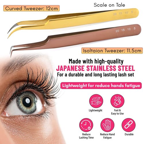 My Lash Tools - New Fiber Tip Lash Tweezers for Eyelash Extensions Tweezers SET OF 2 Mini Isolation & Microgrip Tip Curved Volume Tweezers Japanese Steel Lashing Tweezer (Gold & Rose Gold Set)