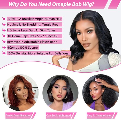 Qmaple Bob Wig Human Hair 13x4 Body Wave Lace Front Wigs Human Hair Short Bob Wigs for Women (8 Inch)