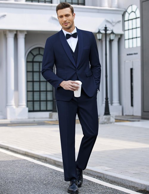 COOFANDY Mens Suit Shawl Lapel Tuxedo Wedding Prom Jacket Vest Trousers Bow Tie Navy Blue Large
