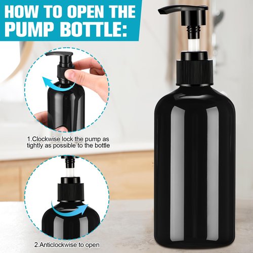 CroBlissful 16 Pcs Empty Plastic Pump Bottles 8oz Refillable Lotion Pump Bottle Containers with Dispenser for Shampoo, Conditioner, Face Cream, Massage Oil, Liquid Soap (Black)