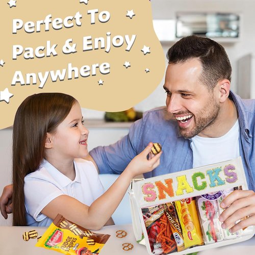 HIGH FIT Snack Bags Pouch Travel Makeup Bag Chenille Letter Patch - Waterproof Nylon Clear Cosmetic Bag/Tote Bag/Makeup Travel Bag/for Women Girls (Snack-White)