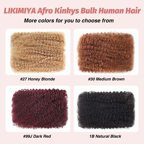 Afro Kinkys Bulk Human Hair for Braiding Mini Twists Braids Locs Dreadlock Extensions Afro Kinky-Curly Human Braiding Hair Bundles For Men Women Kids 16 Inch 2 Bulks 60g #30 Medium Brown Easy to Twist