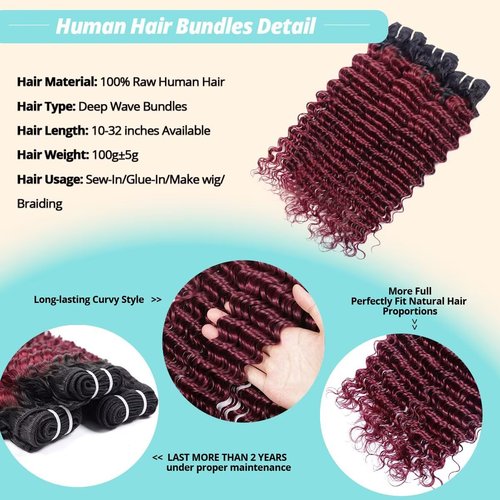 T1B/99J 12A Human Hair Bundles 16 Inch Deep Wave Bundles Human Hair 100% Unprocessed Brazilian Virgin Deep Curly Weave 1 Bundle Water Wavy Hair Extensions Honey 99J Burgundy Bundle for Women