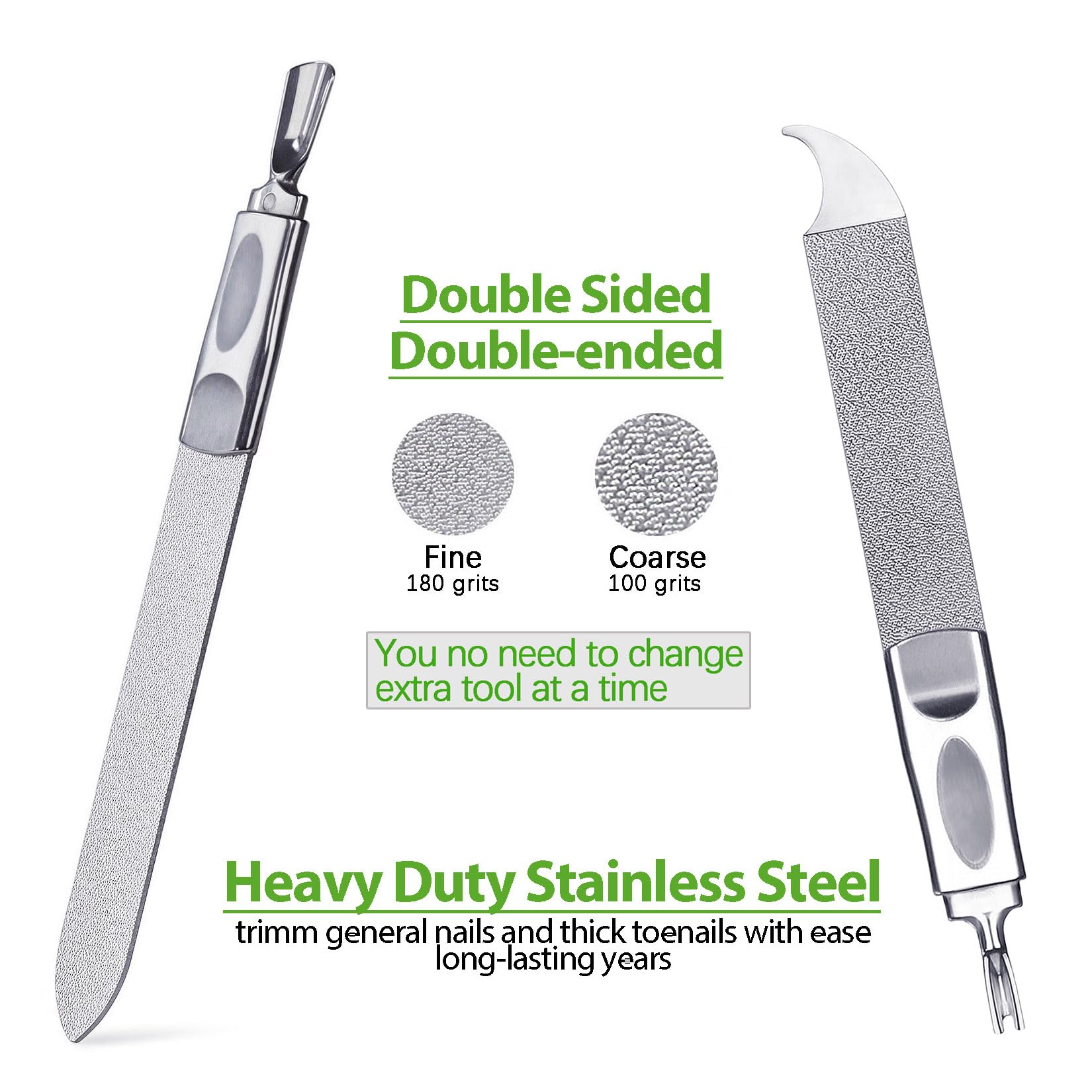 VOGARB Toe Nail Files for Thick Nails, Professional Metal Nail File for Men Women Fingernail and Thick Toenails, Double-Ended and Double-Sided Stainless Steel, 2pcs Set