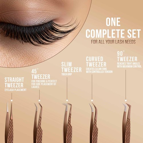 5 Pcs Fiber-Tip Japanese Steel Lash Tweezer Set with Leather Case, Professional Eyelash Tweezers for Lash Extensions – Titanium Coated, 90 & 45 Angled, Precision Pointed Tweezers (METALIC-ROSE)