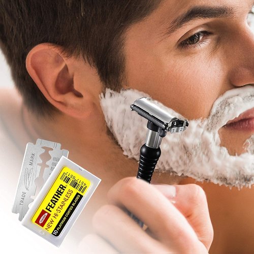 Feather Double Edge Safety Razor Blades - Platinum Coated Hi-Stainless Steel - 50 Count for Precision Shaving