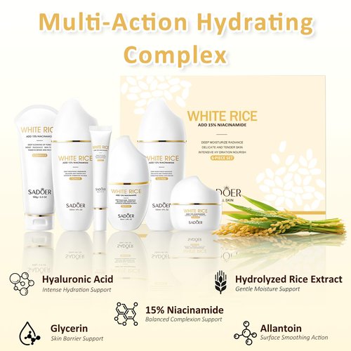 FOR SADOER Rice Niacinamide Skincare Set - 6 Piece Firming Skincare Kit with Cleanser, Toner, Lotion, Eye Cream, Face Cream & Serum for Daily Facial Care