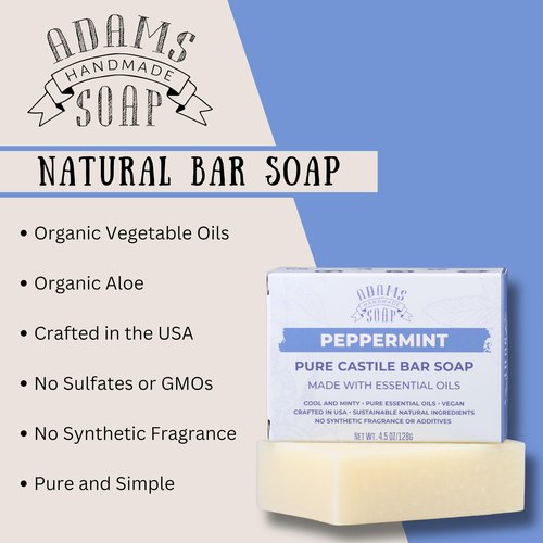Adams Handmade Soap Peppermint Pure Castile Bar Soap – 4.5 oz | Vegan, Cold Process, Essential Oils, 84% Organic, Fair Trade, No Additives, USA Made