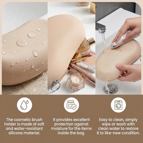 Silicone Makeup Bag for Travel, Zipper Makeup Tools Bag, Large Makeup Brush Holder, Waterpoof Toiletry Bag, Large Capacity Cosmetic Bags, Gifts for Girls Girlfriend Wife Birthday Gift (Khaki)