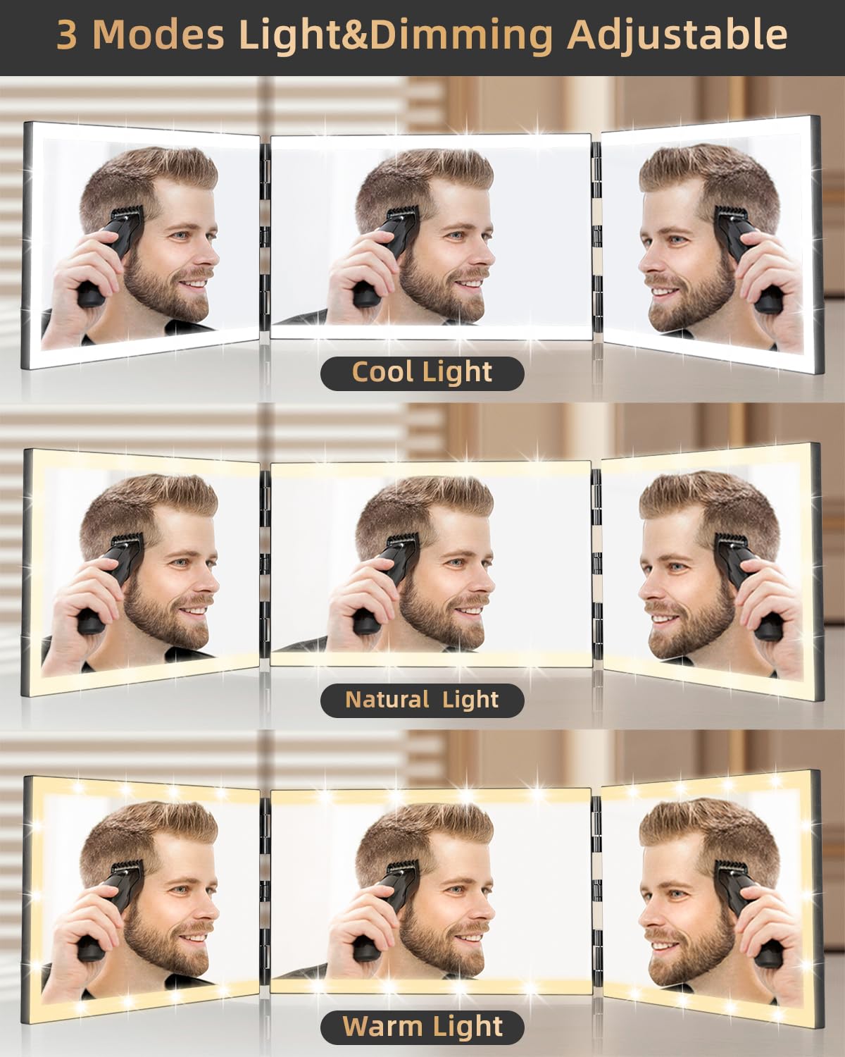 XIGETRAIL Rechargeable 3 Way Mirror for Self Hair Cutting with 8 Light Strips & Telescoping Hooks for Makeup,Shaving,Braiding&Styling-Trifold Barber Mirror