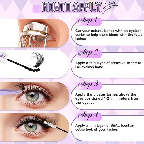 DIY Lash Extension Kit 100D+150D Volume Lash Clusters with Spikes Lash Extension Kit Bottom Lashes Wispy Cluster Eyelash Extensions Kit with Lash Bond and Seal Tweezer Brush Easy To Apply