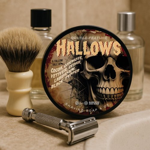 Barrister and Mann Shaving Soap | Luxury Dense, Rich & Creamy Lather Tallow Wet Shave Puck Bar Notes of Vetiver, Oakmoss, Pepper, Cocoa, Labdanum, Cedar | Grooming Routine for Men 4 Oz (Hallows)