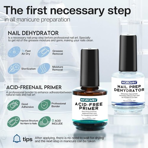 Morovan Nail Prep Dehydrate Primer - Acid-Free Non-Acid Primer for Acrylic & Gel Nails | Gift Box Set