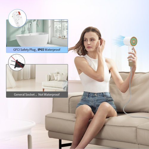 Hair Dryer,110000 RPM High-Speed Brushless Motor,GFCI Safety Plug--For high humidity,Negative Ionic Fast Drying, Low Noise,Thermo-Control Hair-Dryer-with-LED Display and Nozzle (White)