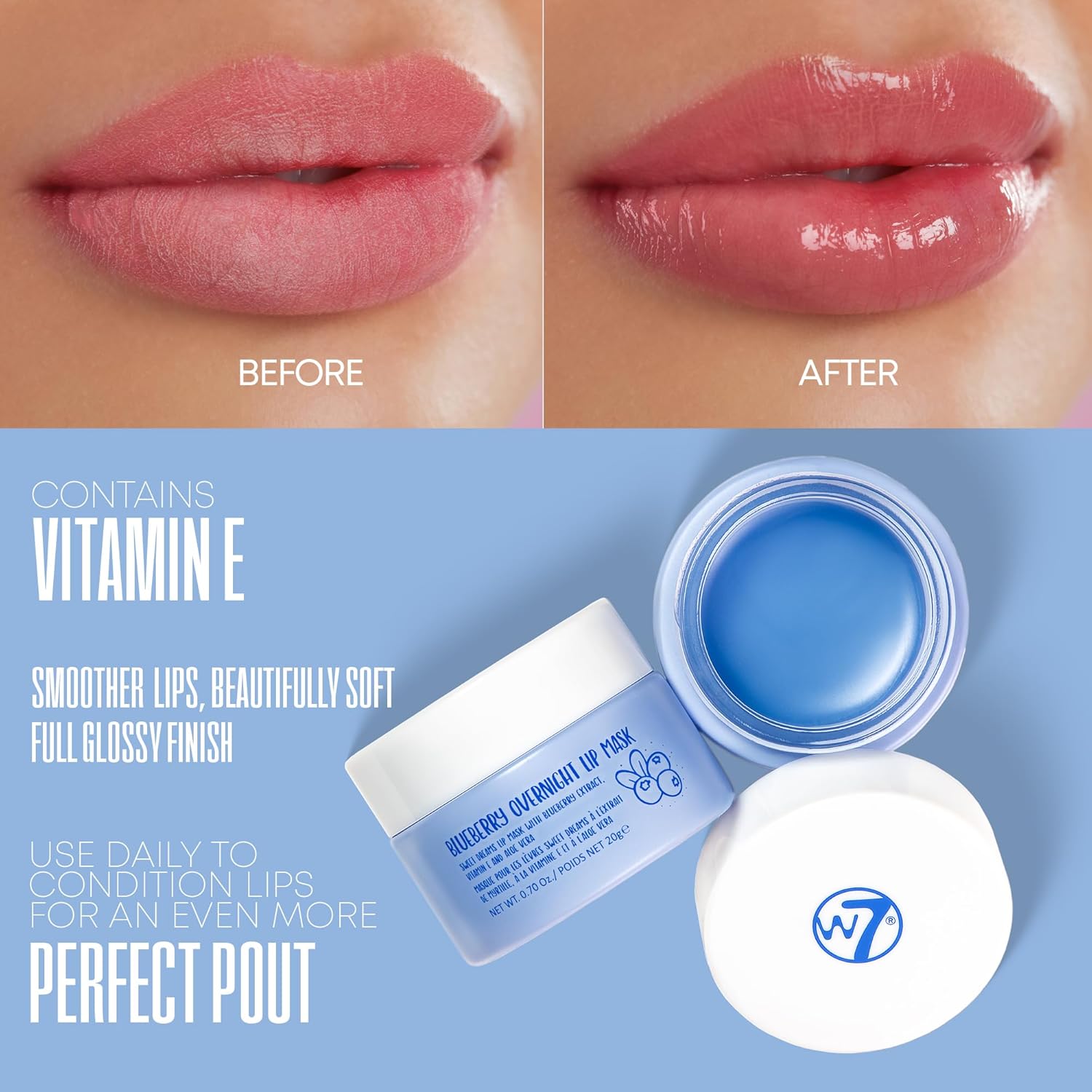 W7 Sweet Dreams Blueberry Lip Mask - Hydrating Formula with Vitamin E & Aloe Vera - 0.67 Fl Oz
