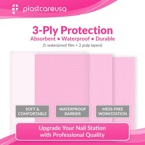 Disposable Nail Mats 50 Pcs - Salon Paper Towel and Table Cover for Nail Tech - 3 Ply Waterproof Manicure Prep Pads - Acrylic Art Supplies and Accessories (Pink)