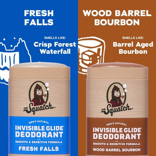 Dr. Squatch Invisible Glide Men’s Deodorant - Aluminum-Free, Stain-Free Formula - Fresh Falls & Wood Barrel Bourbon - 2.65oz (2-Pack)