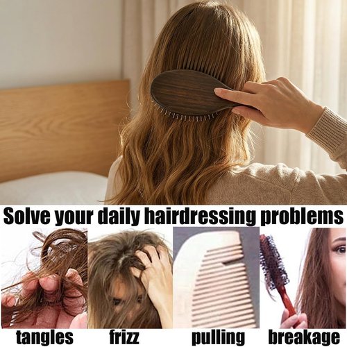 Skiennix Wooden Paddle Hair Brush - Anti-Frizz Metal Detangling Brush for All Hair Types | Scalp Massage, Wet or Dry Use