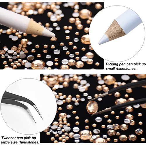 AUREHEN 10000PCs 2-6MM Champagne Resin Flat Back Rhinestones, Round Non Hotfix Resin Rhinestones Nail Gems Stones with Tweezer & Picker Pen for Tumblers Nail Art & DIY Decoration