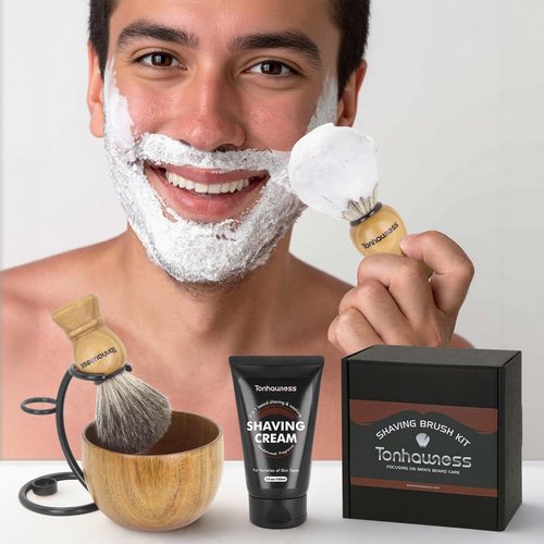 Shaving Brush Kit For Men, 4 In 1 Shaving Brushes Set Includes Badger Hair Shaving Brush, Wood Bowl, Shaving Cream and Stainless Steel Shaving Holder