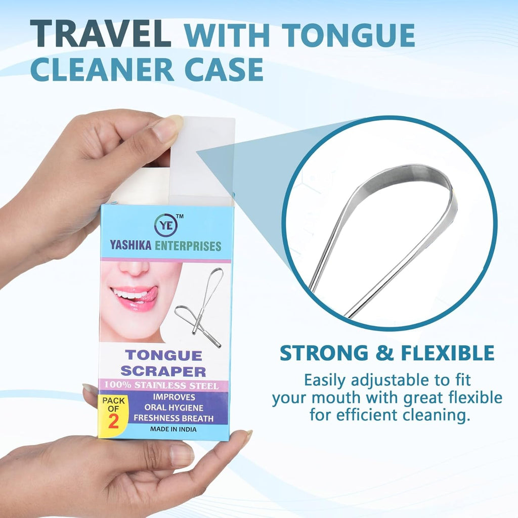 YASHIKA ENT Stainless Steel Tongue Scraper - 2 Pack with Multicolor Travel Cases | Easy Oral Care Solution