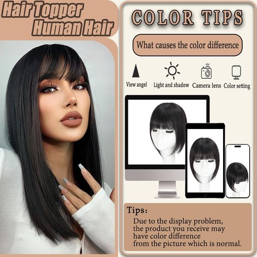 HVVZOY Hair Toppers for Women Real Human Hair, 360° 3D Real Human Hair Toppers for Women with Thinning Hair Clip in Bangs Big Coverage 12 Inch Hairpieces (1B, 3D Wispy Bangs 10x11)