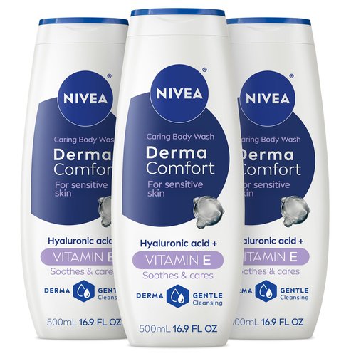 NIVEA Derma Comfort Caring Body Wash for Sensitive Skin, Body Wash with Hyaluronic Acid and Vitamin E, 16.9 Fl Oz Bottle, Pack of 3