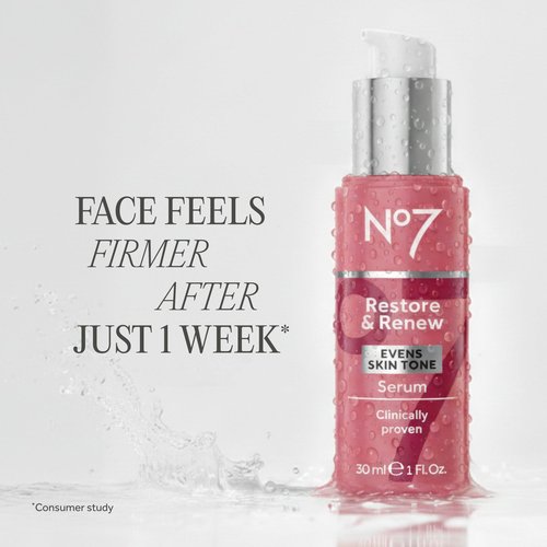 No7 Restore & Renew Multi-Action Face & Neck Serum - Anti Aging Serum for Deep Wrinkle Repair - Collagen Infused Skincare with a Hydrating Blend of Hibiscus Peptides & Hyaluronic Acid (1 fl oz)