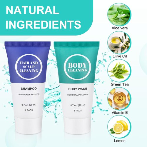 Skiennix Travel Size Shampoo & Body Wash Set - 60 Pack Mini Toiletries for Men & Women | 0.7 oz Each