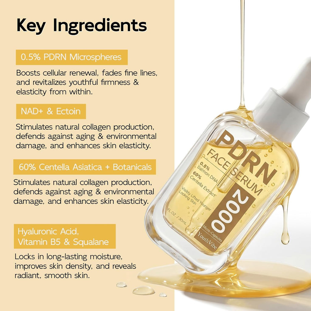 YouthVibe 0.5% PDRN Serum - Anti-Aging Salmon DNA Face Serum with Hyaluronic Acid & Niacinamide | 30mL