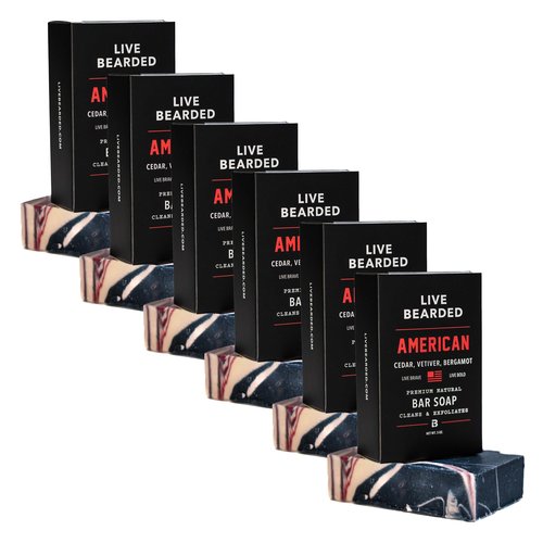 Live Bearded All-Natural Bar Soap for Men, 6-Pack of 5 oz - Made in the USA - Exfoliates and Moisturizes - Charcoal, Pumice, Shea Butter | American Scent - Cedar, Vetiver, Bergamot