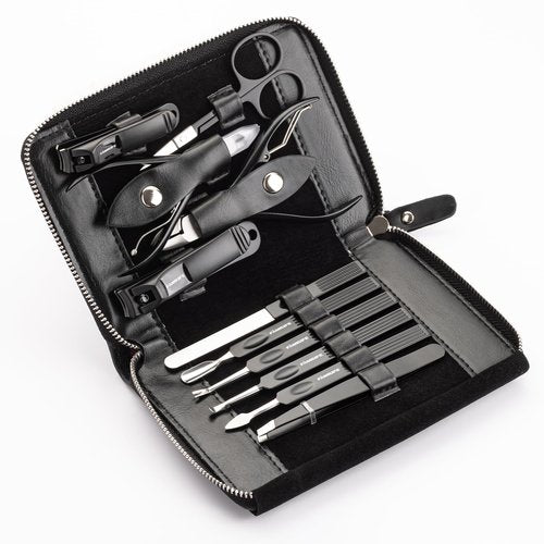 FAMILIFE Professional Manicure Set, Manicure Kit, Nail Clippers Set, 11 in 1 Stainless Steel Black Pedicure Tool, Nail Kit with Portable Leather Travel Case Luxury Gifts