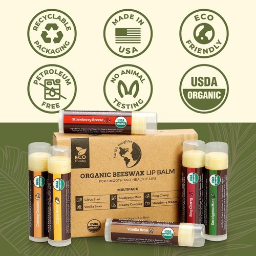 Earth's Daughter USDA Organic Lip Balm - 12-Pack of Fruit Flavors with Beeswax & Coconut Oil | Best Moisturizing Chapstick for Dry, Cracked Lips