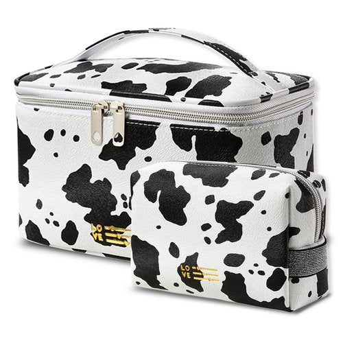 UOIXPUHUO Makeup Bag Cow Print Set of 2, Portable Cosmetic Bags Travel Toiletry Bag with Handle and Divider, Waterproof PU Leather Make Up Purse Pouch for Women Bathroom Girls
