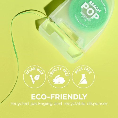 REACH POP Dental Floss, Peppermint, Plaque Remover for Teeth, Shred Resistant, Vegan Wax, Cruelty Free, Eco Friendly Packaging, Oral Care, PFAS Free, for Adults & Kids, 3 Pack, 54.6 yd