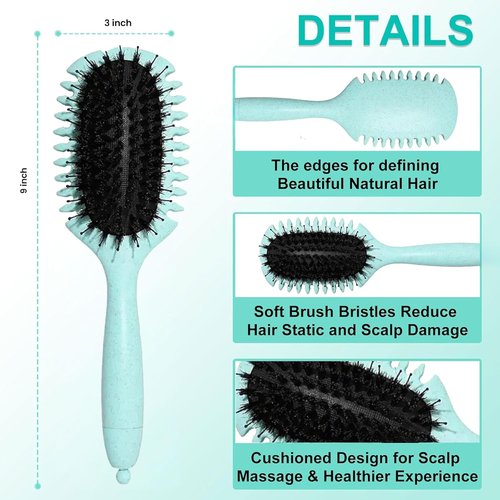 Skiennix Curl Define Brush - Detangling Boar Bristle & Nylon Pin Hair Brush for Curly Hair | Green