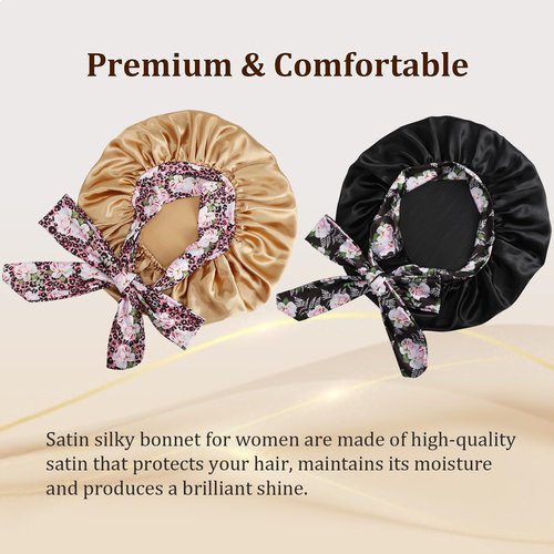 IJRPLM 2Pcs Silk Bonnet for Sleeping,Large Satin Bonnet with Tie Band,Night Sleep Cap for Women,Satin Bonnet for Curly Hair(Champagne gold + Black)
