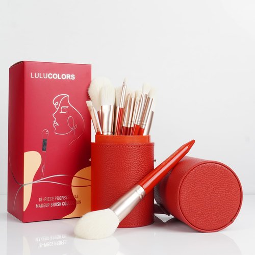 LULUCOLORS 18-Piece Makeup Brush Set with Holder Case – Complete Makeup Brush Collection for Flawless Makeup Application in Red -Soft Bristles (Red)