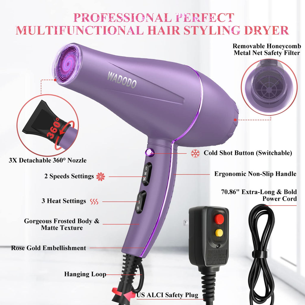WADODO Ionic Hair Dryer, 2200W Professional Blow Dryer Fast Drying Travel Hair Dryer, AC Motor Constant Temperature Low Noise Ion Hair Dryers Curly Hair Care Hairdryer Blowdryer for Women Men(Purple)