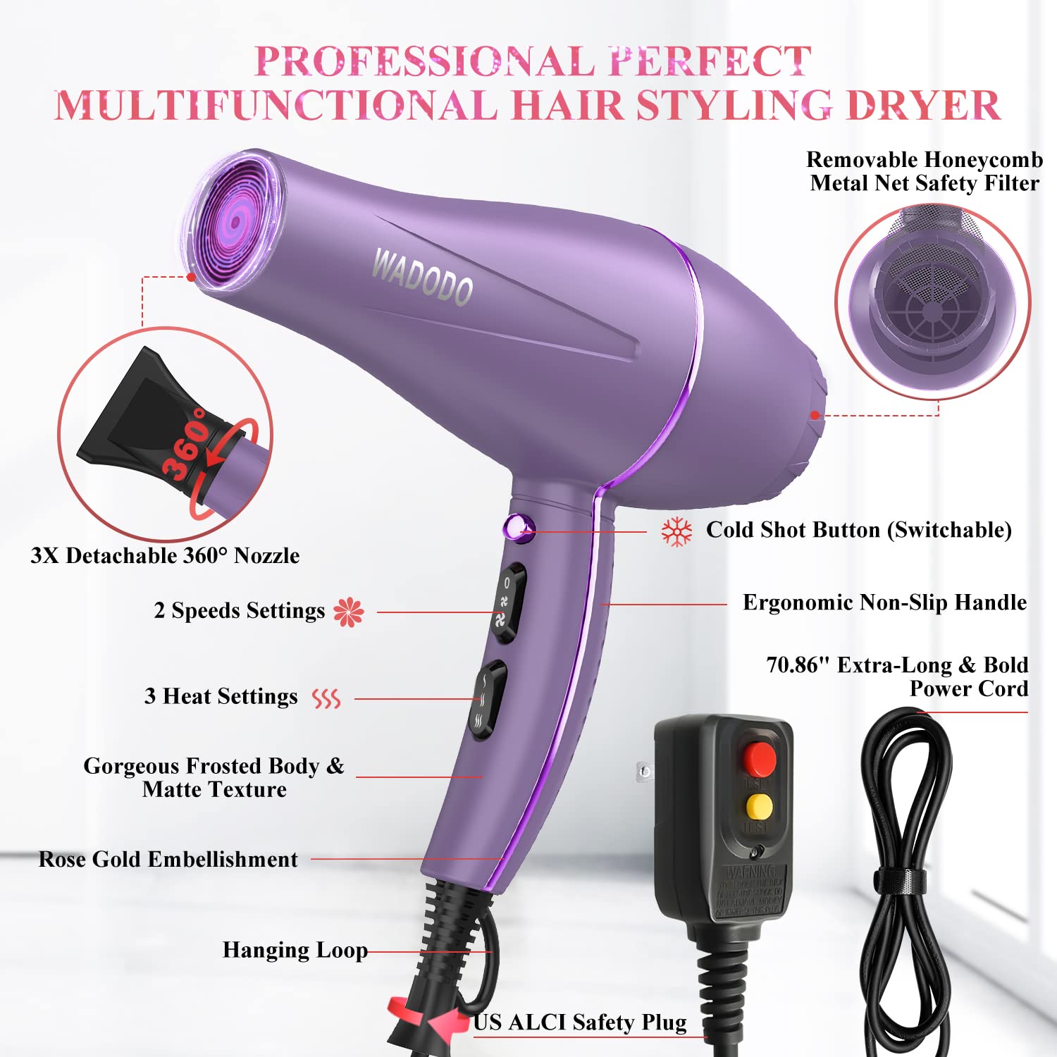 WADODO Ionic Hair Dryer, 2200W Professional Blow Dryer Fast Drying Travel Hair Dryer, AC Motor Constant Temperature Low Noise Ion Hair Dryers Curly Hair Care Hairdryer Blowdryer for Women Men(Purple)