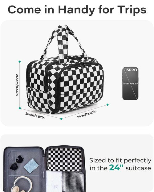 Travel Toiletry Bag, Spacious Checkered Toiletry Bag for Women,Large Toiletry Bags for Traveling,Lightweight Travel Cosmetic Makeup Bag Organizer for Accessories,Toiletries (Black and White Checkered)