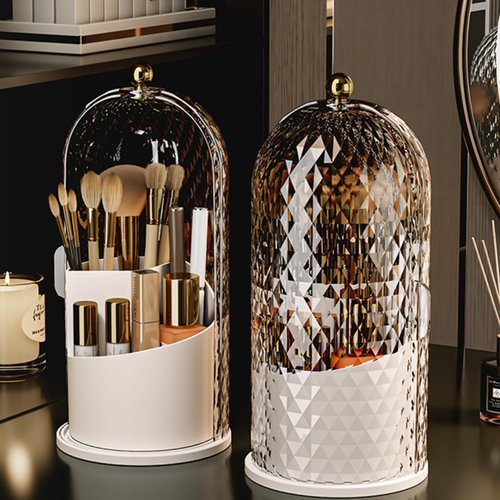 ccsxqy Makeup Brush Holder Organizer with Cover - 360° Rotating Clear Dustproof Cosmetic & Skincare Storage for Vanity, Desktop, Bathroom Countertop (White)