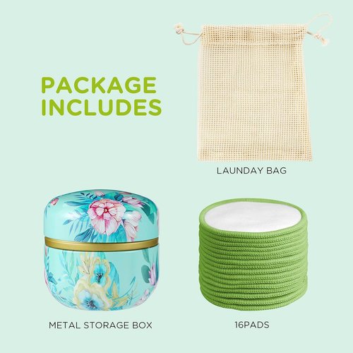 Skiennix Reusable Makeup Remover Pads - 100% Organic Cotton, Eco-Friendly & Washable | 16 Pack with Storage Box
