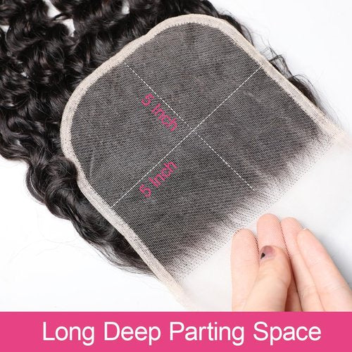 5x5 HD Lace Closure Burmese Curly 16 Inch Ultra-thin Transparent 15A Brazilian Virgin Human Hair Water Wave Lace Closure Free Part Pre Plucked with Baby Hair Quick Weave For Women