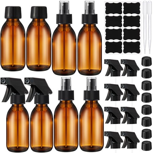 Honeydak 8 Set 4 oz Amber Glass Spray Bottles Kit Small Empty Spray Bottle for Essential Oil Mini Fine Mist Spray Bottle with Nozzle Dropper Label Refillable Container for Cleaning Solutions Skin Care