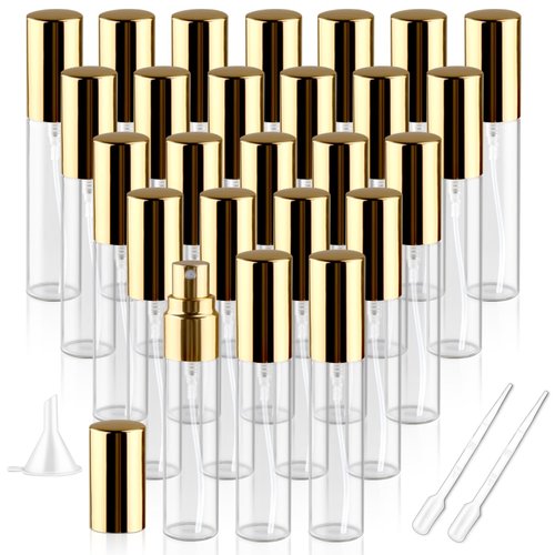 BOSMIOW 25Pcs 10ml Clear Glass Perfume Sample Vials with Golden Pump Head,Mini Empty Fine Mist Atomizer,Portable Essential Oils Spray Bottle,Travel Size Cosmetic Containers