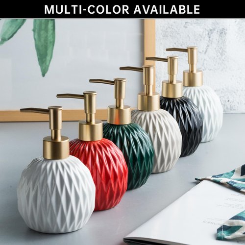 Ceramics Gold Soap Dispenser for Bathroom, Relief Soap Dispenser for Kitchen Sink, 400ml/13.5Oz Refillable Liquid Hand Soap Bottle with Gold Pump (Khaki).