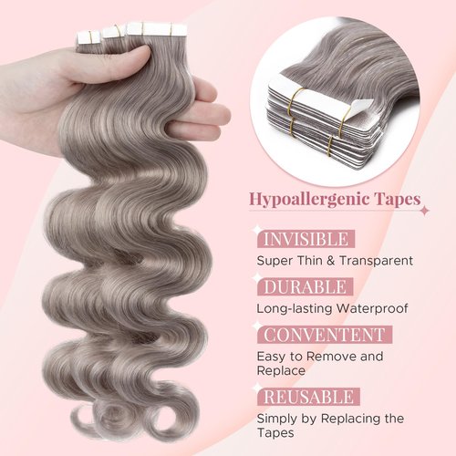SEGOHAIR Wavy Tape In Hair Extensions Real Human Hair with Double-Sided Adhesive Professional Hair Extensions for Women 20pcs Body Wave 14 Inches Grey