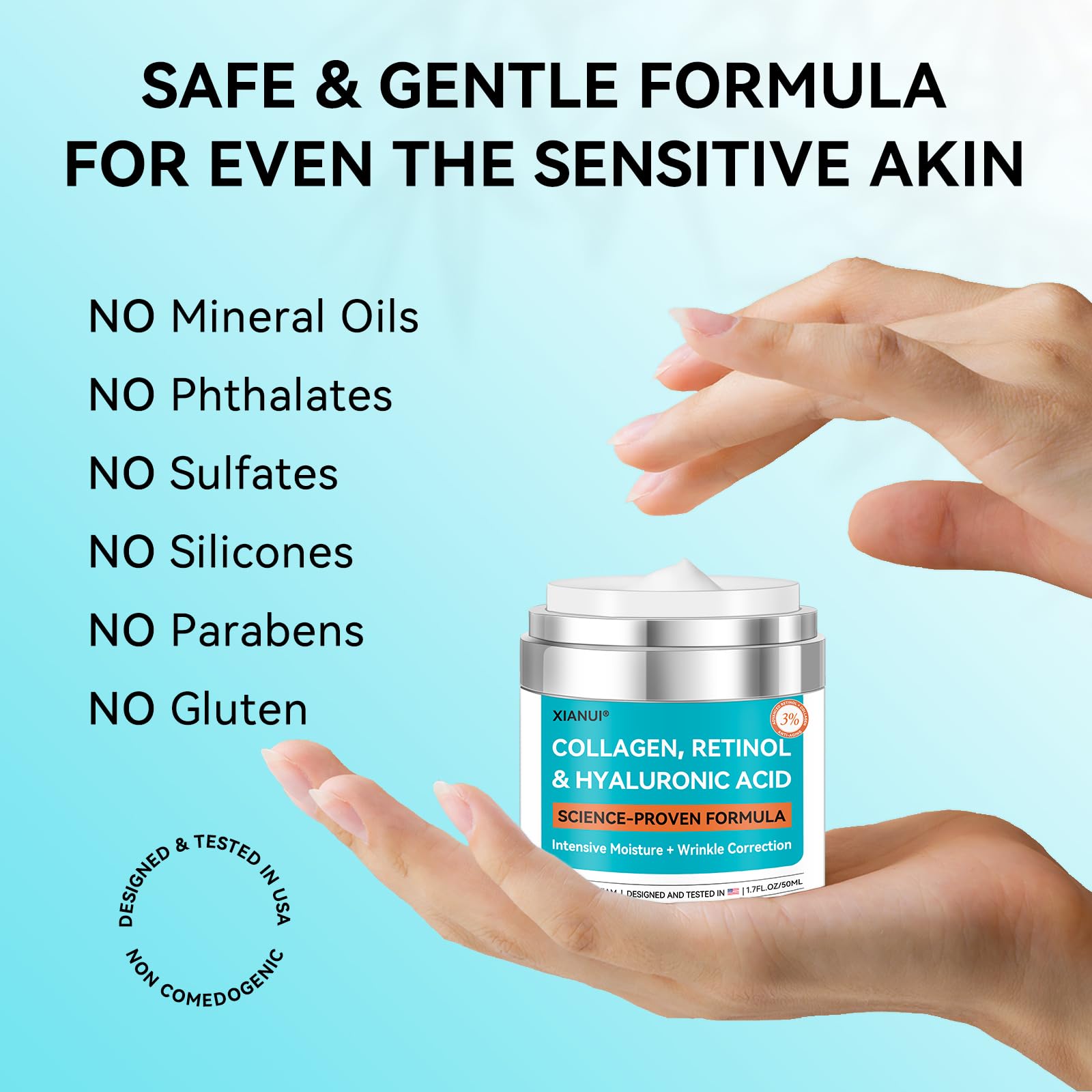 XIANUI Retinol Face Cream with Collagen & Hyaluronic Acid - Anti Aging & Firming Face Moisturizer for Women & Men - Wrinkle Reduction Night & Day Cream, 1.7 Fl Oz